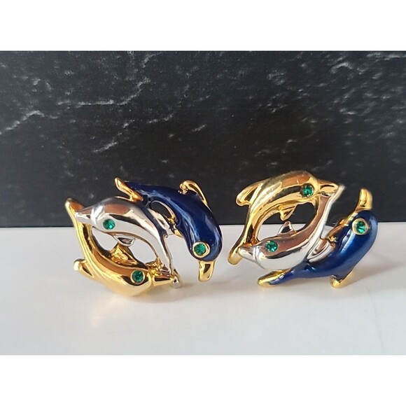 Dolphin Enamel Rhinestone Stud Earrings Vintage Costume Jewelry - Picture 3 of 10